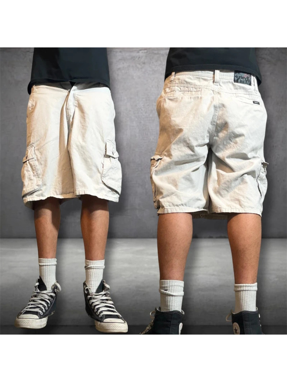 Y2K Hurley khaki beige grunge shorts with cool patch